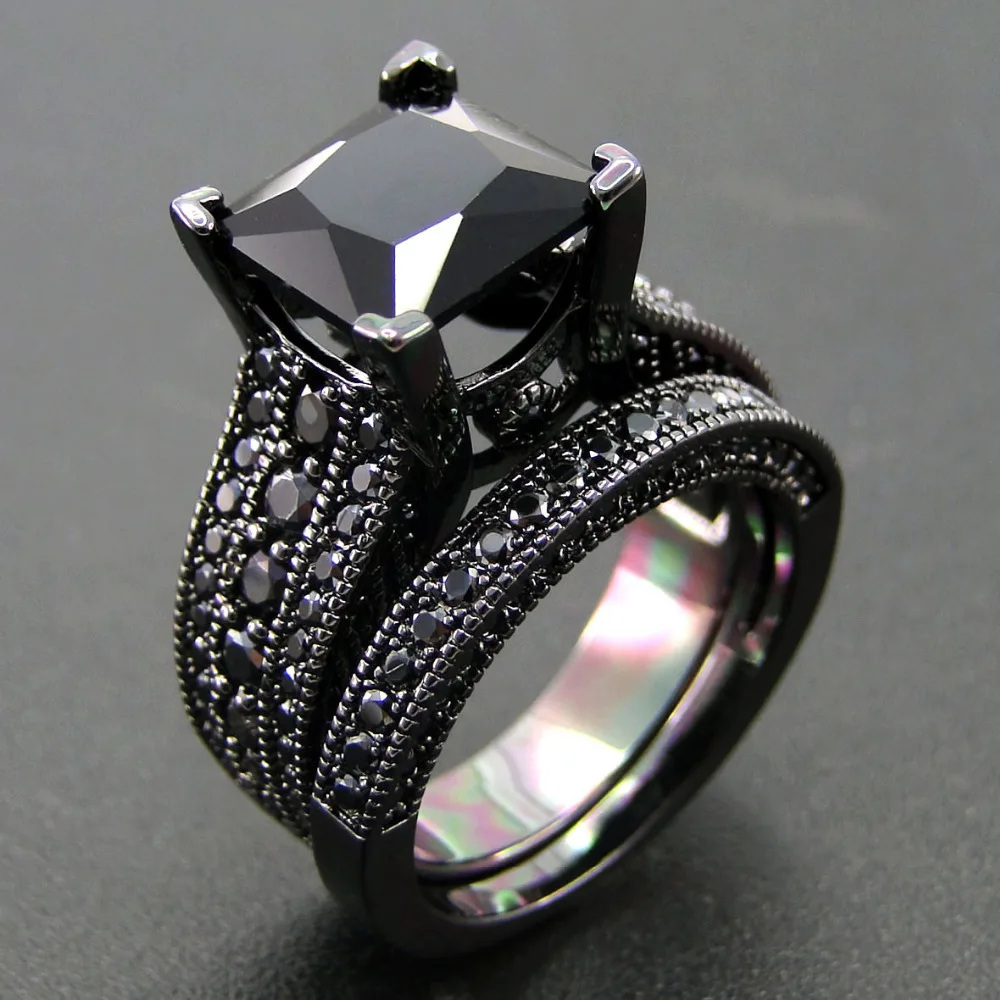 

New Arrival Black Gold Plated Jewelry Ring Set AAA Black Cubic Zircon Stone Ring Set Women Wedding Rings Size 5/6/7/8/9/10/11