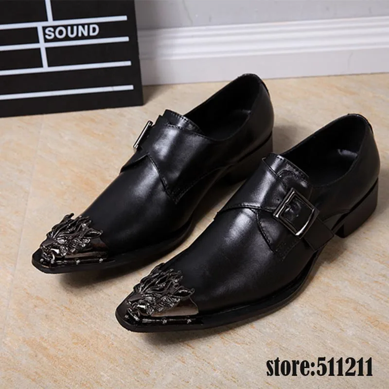 

ntparker Big Sizes 45/46 Men Dress Shoes Black with Decorative Metal Tips Genuine Leather Italian Style Slip On Party Black Shoe