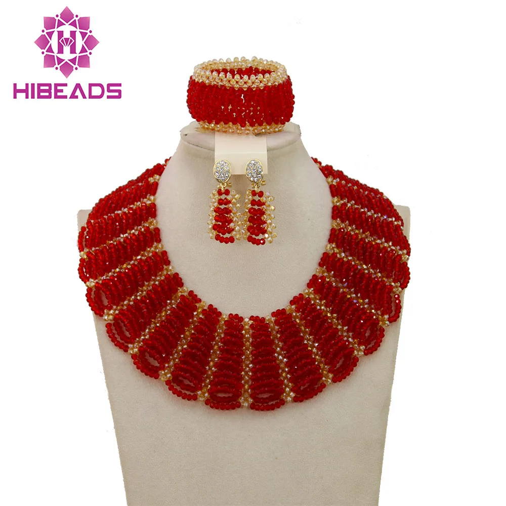 Hot Red Statement Choker Necklace African Wedding Beads for Women Set Dubai Costume Bridal Lace Jewelry Set Free Shipping ABF550