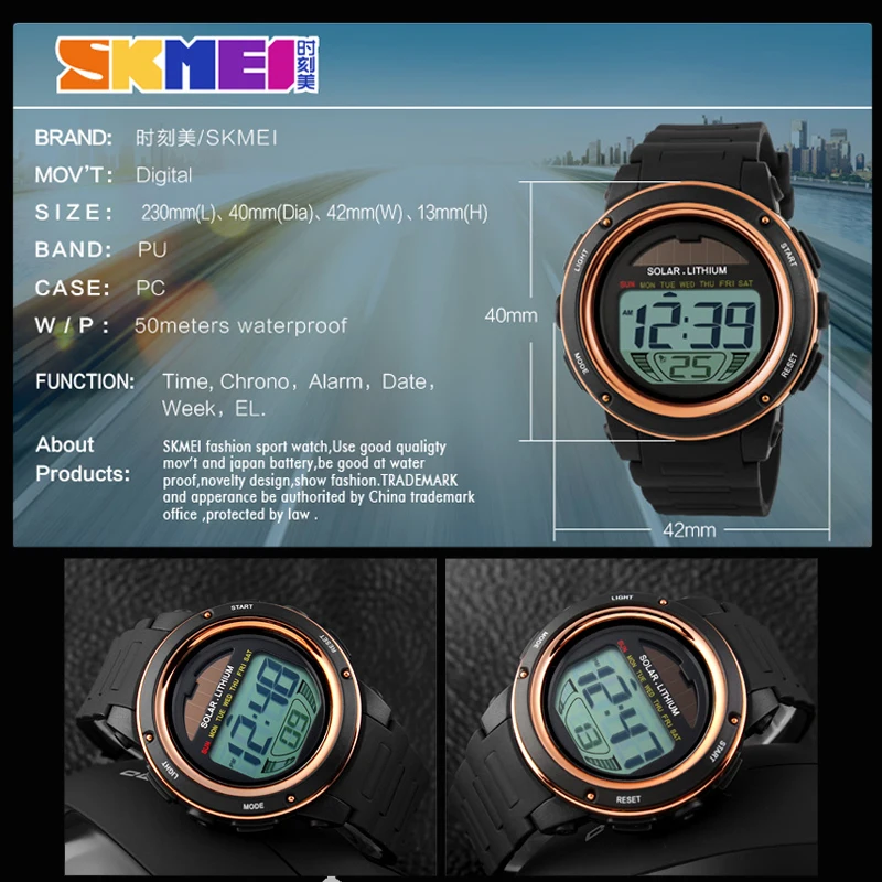 SKMEI Outdoor Sport Watch Men Solar PU Strap Wristwatches Mens Chronograph Alarm 5Bar Waterproof Digital Watch reloj hombre 1096