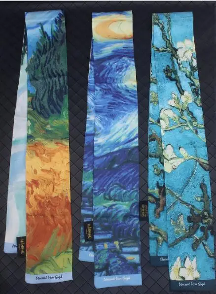 9x120cm Van Gogh Oil Painting Multi-function Bag Scarves Skinny Scarves 2019 New Silk Scarf Women Head Scarf Wrist Towel