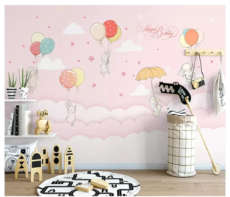 

Hand-painted personality papel de parede wallpaper Nordic small fresh cloud rabbit children room decorative painting