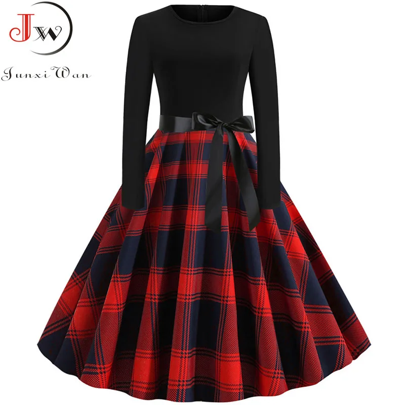 Women Long Sleeve Plaid Print Winter Dress Casual Black Patchwork Vintage Rockabilly Dress Robe Slim Elegant Party vestidos