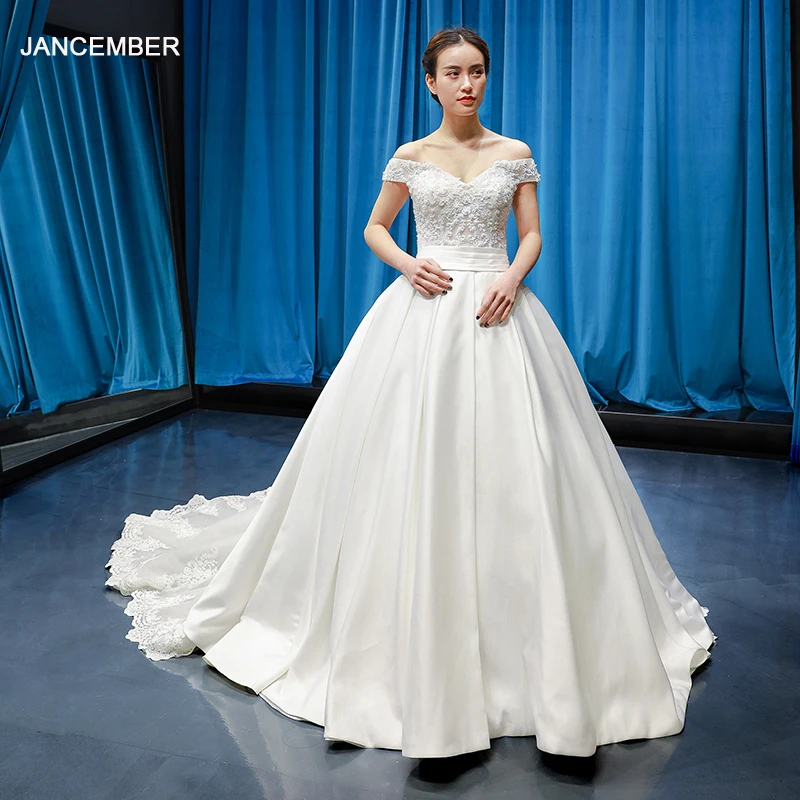 

J66496 jancember с v-образным вырезом и открытыми плечами, кружевное свадебное платье со шлейфом, длина до пола, шнуровка сзади, платье невесты vestidos 2019