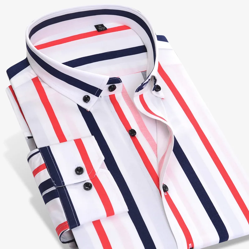 Long Sleeve Button Down Collar Men\'s Striped Design Shirts Comfortable Soft Cotton Shirt Slim Fit Smart Casual Male Tops