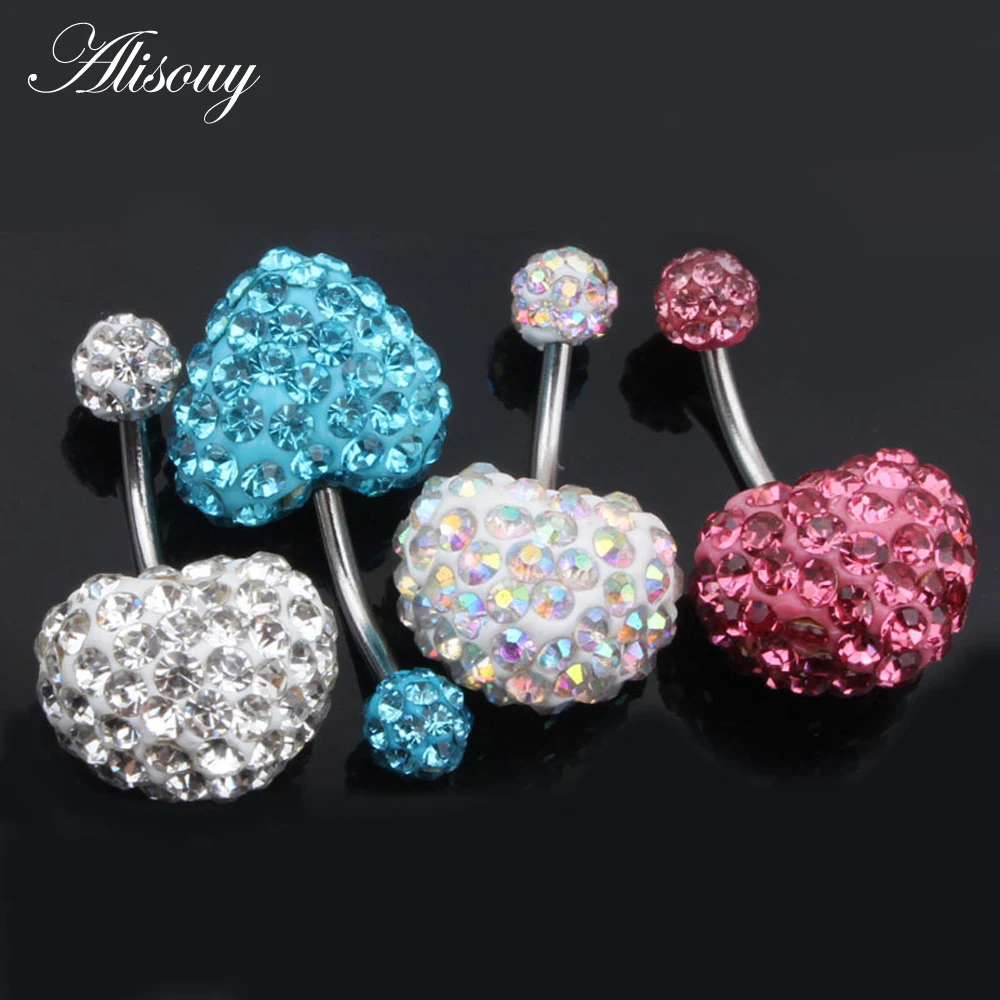 Heart Double Side Belly Piercing Rings Surgical Steel Crystal Disco Ball Belly Button Ring Navel Piercing Body Jewelry