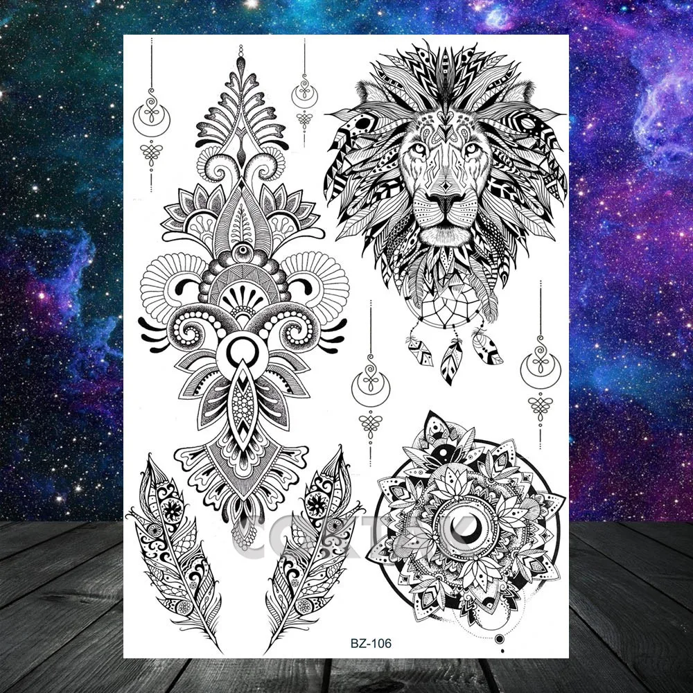 Índia henna, flor de mandala, leão temporário personalizado, adesivos de tatuagem preta, penas de totem, para mulheres, rendas, tatuagens temporárias para braço e corpo de meninas