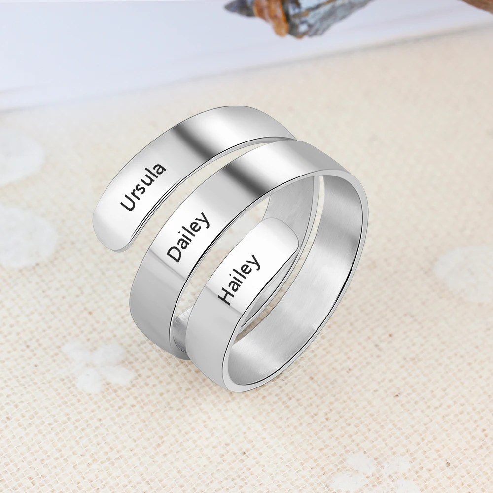 Personalized 3 Names Stainless Steel Adjustable Ring Engraved Name Stackable Wide Rings for Women Anniversary Gift(Lam Hub Fong)