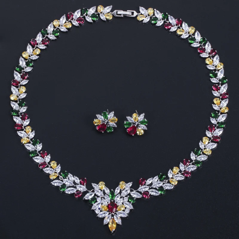 CWWZircons High Quality Multicolored Cubic Zirconia Crystal Choker Wedding Necklace Bridal Jewelry Sets for Women T132