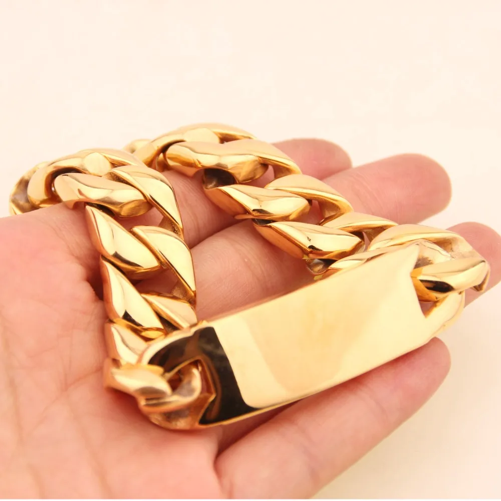 Birthday Gift New 316L Stainless Steel Gold Color Smooth ID Cuban Curb Miami Link Chain Mens Male Bracelet Wristband 8.66\