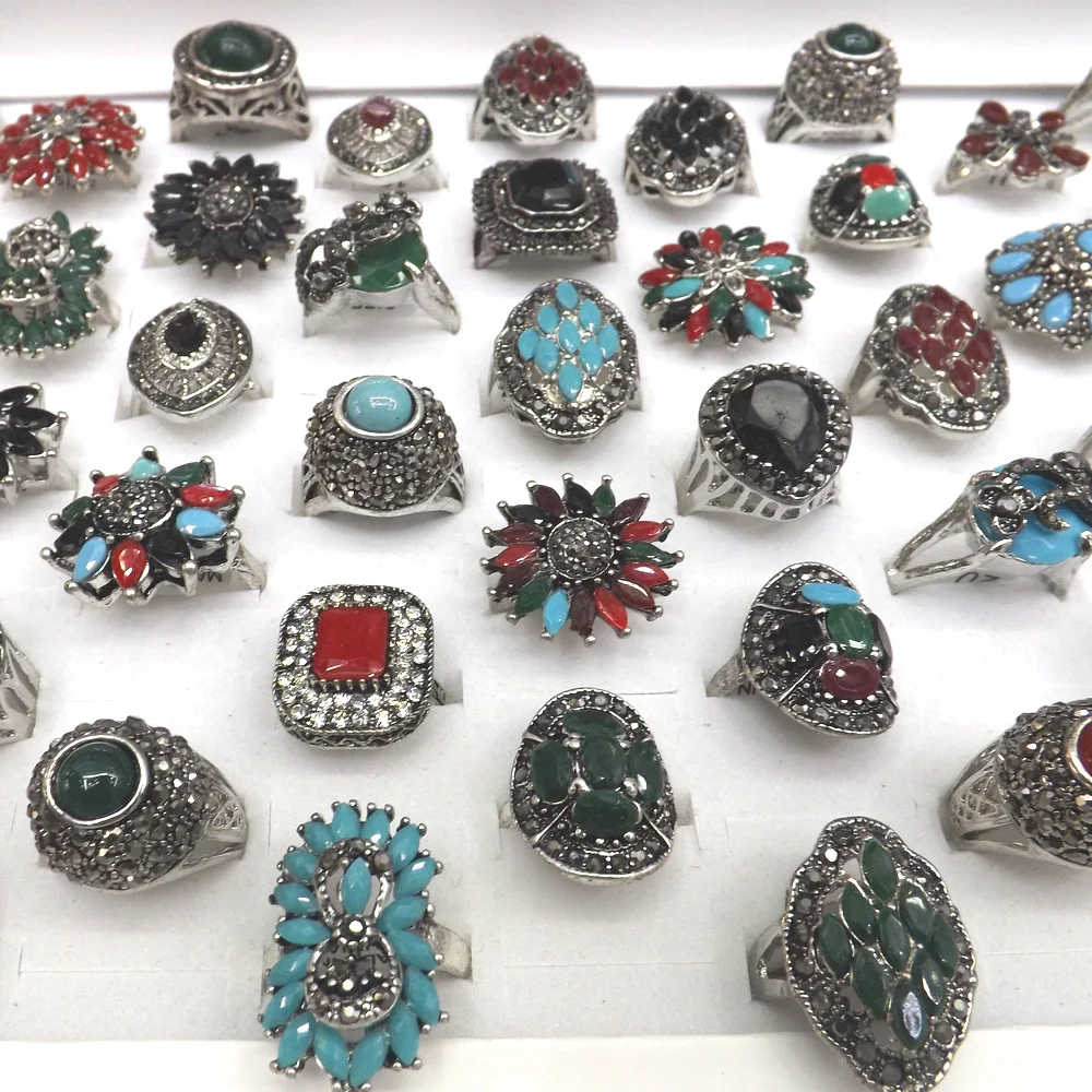 

Vintage Designed Multicolor Resin Crystal Paved Rings Chinese Ethnic Jewelry 50pcs/lot