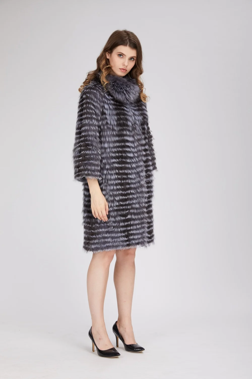 Women's Striped Real Silver Fox Fur Coat, Long Cardigen with Wool Lining, Big Size Clothes, Elegant Outwear, Spring, Lux18A09164