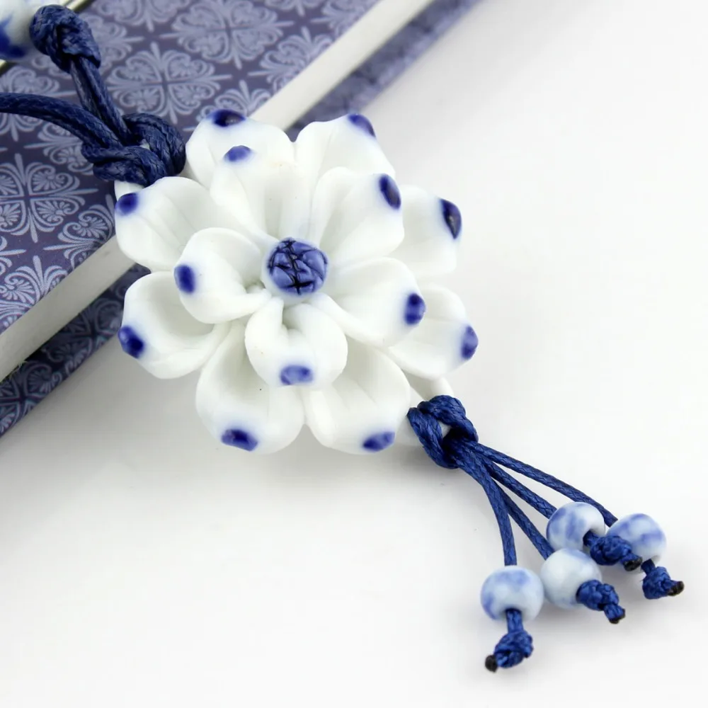 Handmake Vintage Lotus Flower Pendant Necklace Sweater Chain Blue and White Ceramic Accessory Chinese Style Souvenir Handicraft