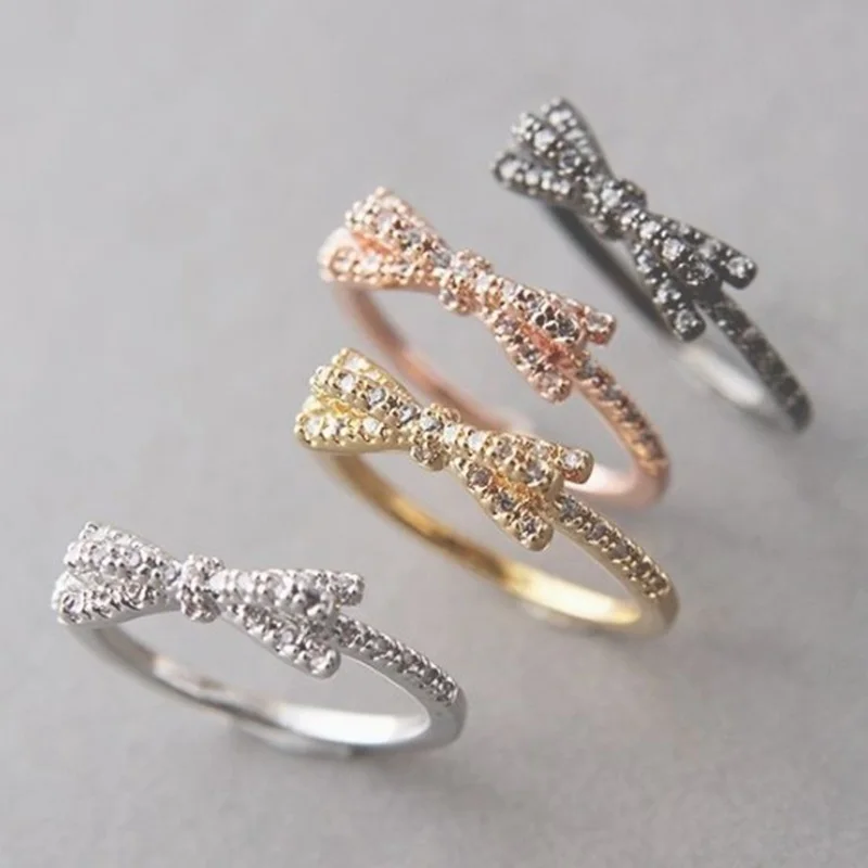 OMHXZJ Wholesale European Fashion Woman Girl Party Wedding Gift Bowknot AAA Zircon 18KT White Rose Yellow Black Gold Ring RR454