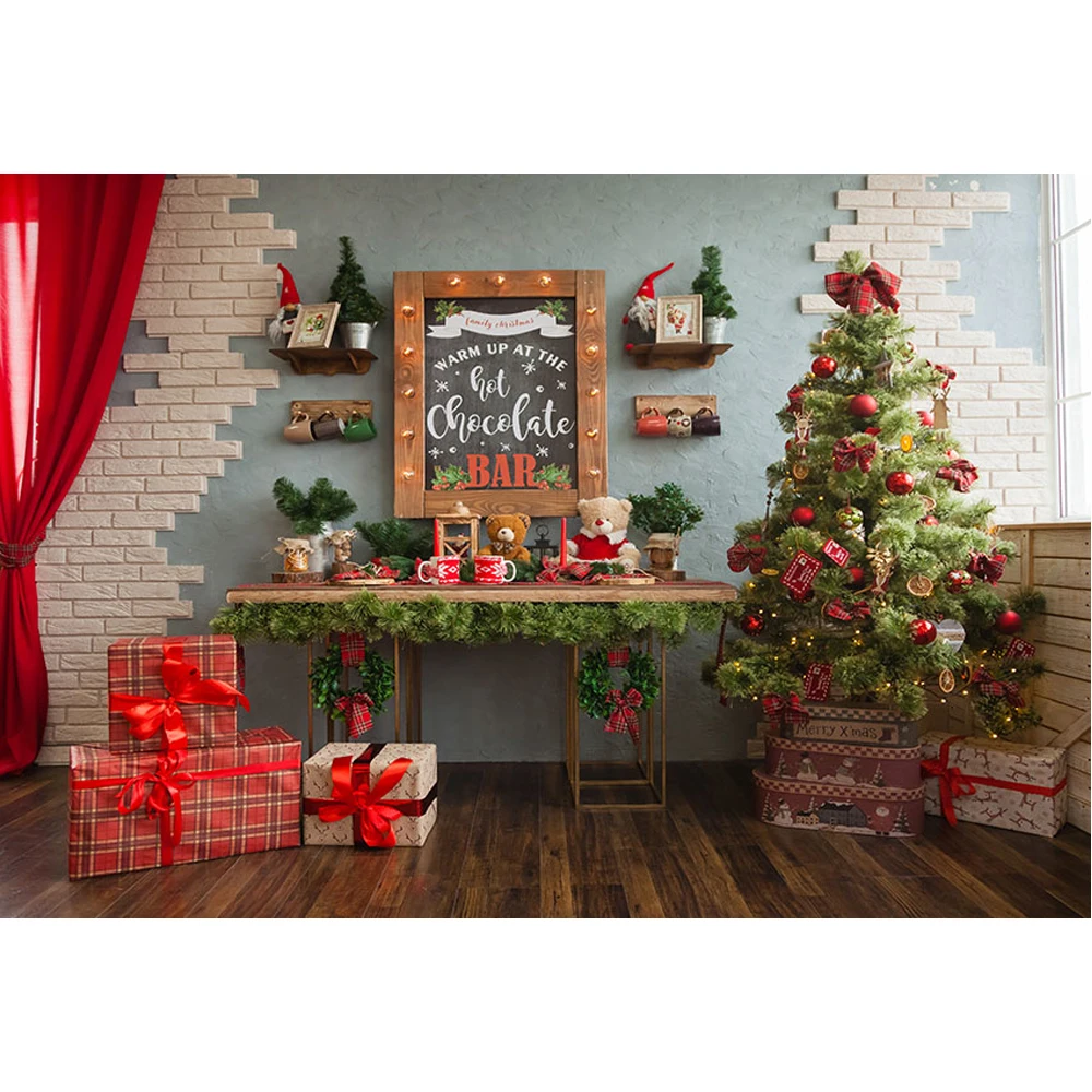 

White Brick Blue Wall Photography Backdrops Printed Red Curtain Presents Christmas Tree Kids Family Party Photo Booth Background