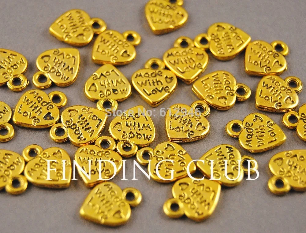 100pcs  Gold plated Metal Alloy Made with Love Heart Charms Pendant Findings 12mmx10mm A170