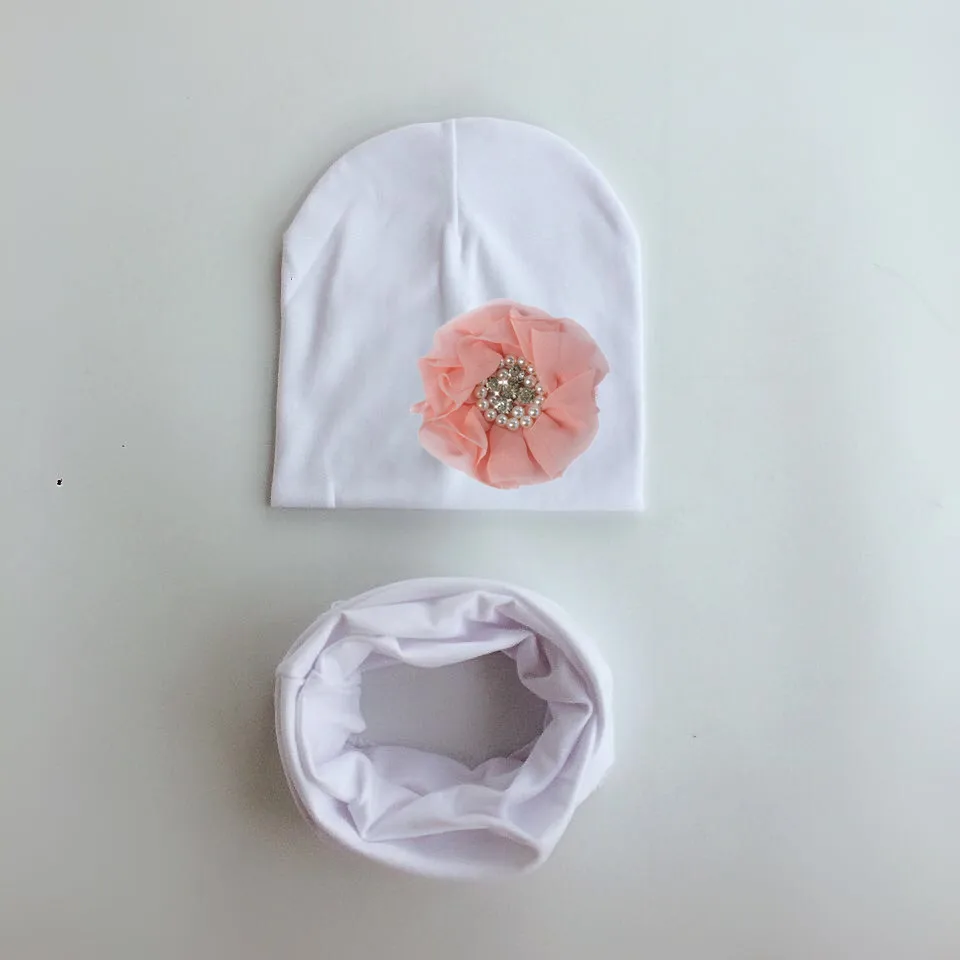 band  toddler girl flower hat baby cap Collar Scarf set floral diamond pearl cotton beanie for girls   bonnet 1-3 years