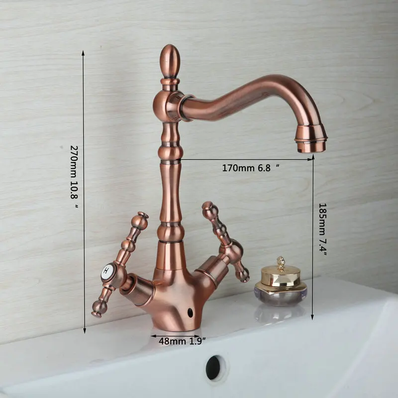 Monite Vintage Antique Copper Kitchen Basin Sink Faucet Brushed Swivel 360 Deck Mount 2 Handle Hole Faucet Basin Mixer Tap