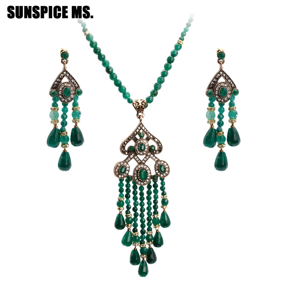 Bohemia Natural Stone Bead Wedding Jewelry Sets Antique Gold Color Long Tassel Drop Earrings Flower Pendant Necklace Turkish New