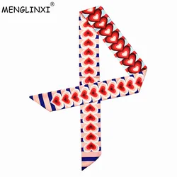 Bag Strap Scarf 2023 New Print Many Hearts Design Silk Scarf Small Handle Bag Ribbon Women Headwear Long Skinny Scarves