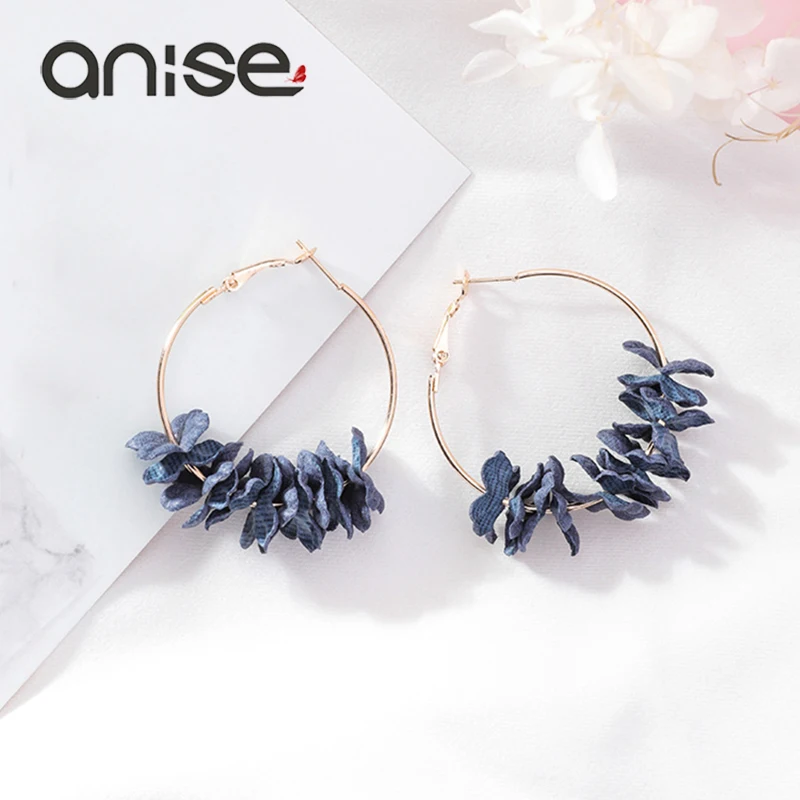 Anise Elegant Blue Fabric Flower Hoop Earrings Woman Lovely Colourful Petal Alloy Circle Big Earrings Female Oorbellen Jewelry