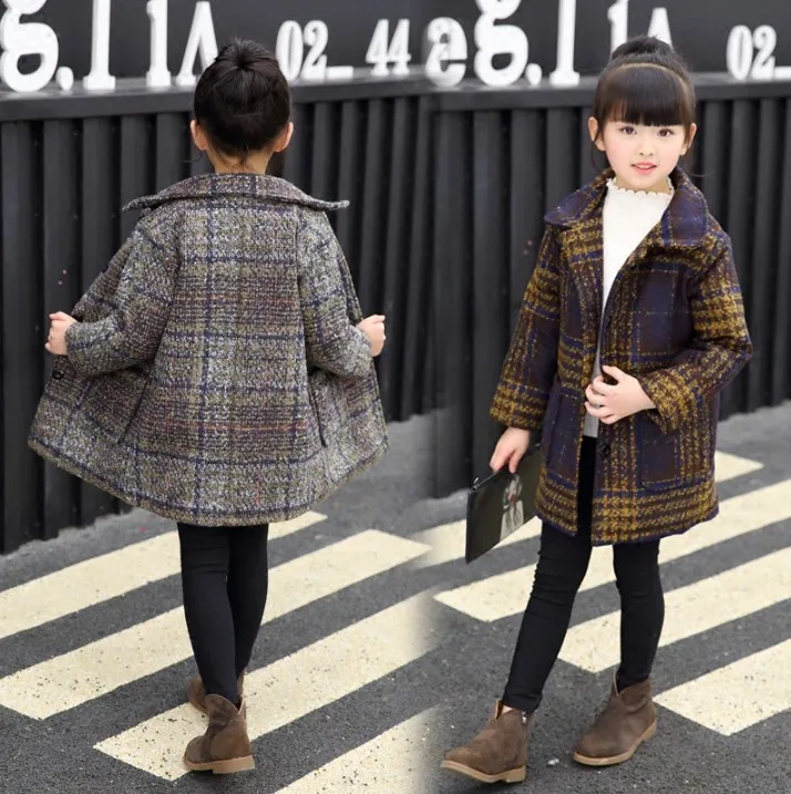 

Girls Fall Winter Trendy Woolen Jacket Overcoat Children's Grid Wool & Blends Outerwear Korean Female Kids Princess Coat X237