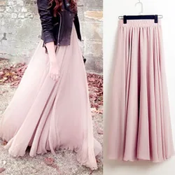 2022 Bohemia Long Skirts Women Stretch High Waist Solid Chiffon A-Line Skirt Casual Pleated Maxi Skirt Faldas Saias Streetwear