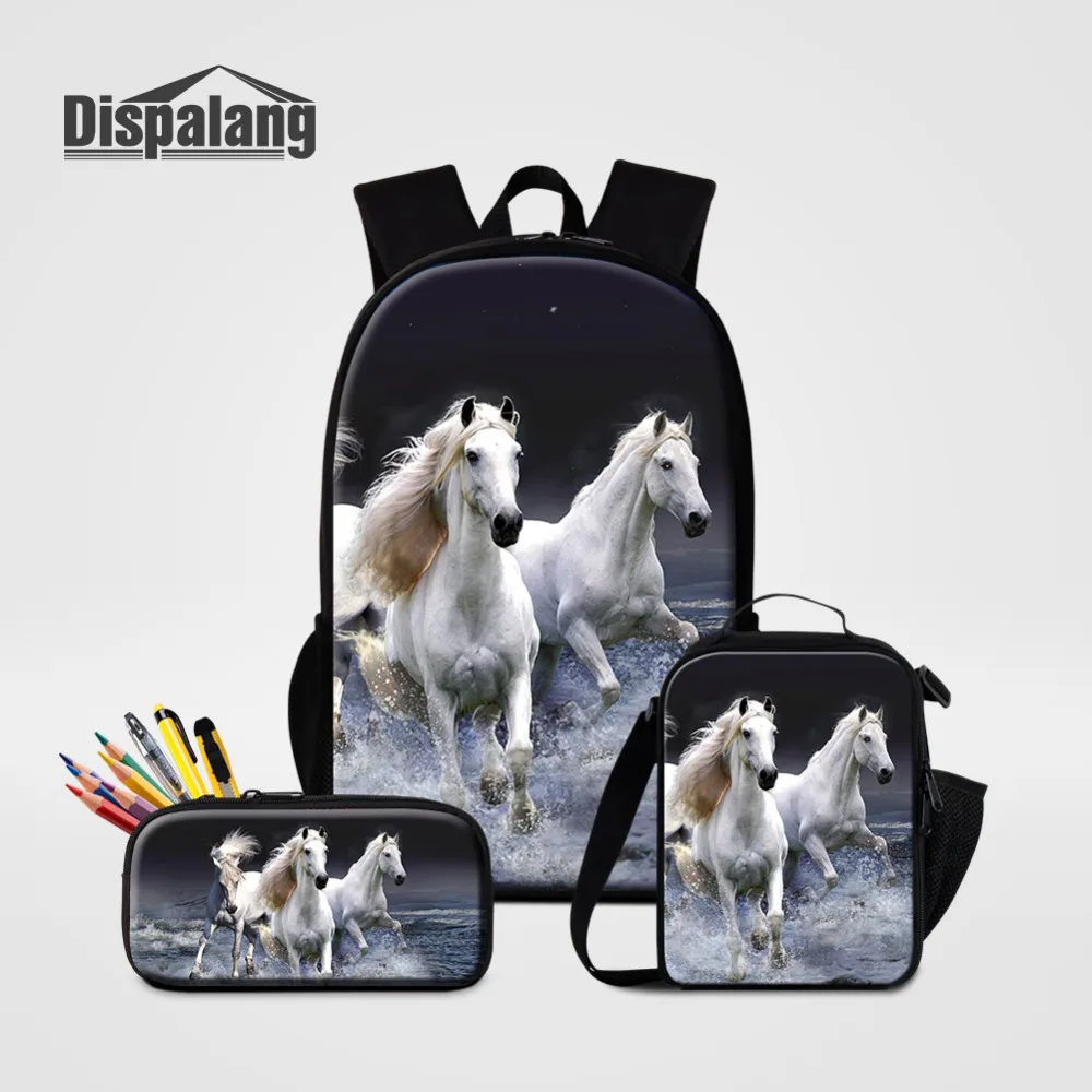 Dispalang 3Pcs Horse Print Kids Backpack Set For Teenager Girls Animal School Bag Women Travel Shoulder Lunch Bag Mochila