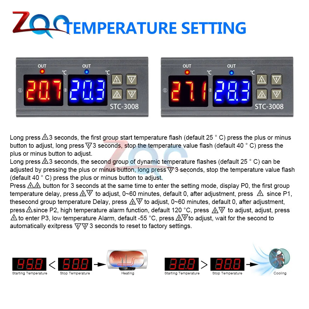 Dual Digital Temperature Controller Thermostat Thermoregulator Incubator Probe 10A Heating Cooling Two Relay 12V 24V 110V 220V