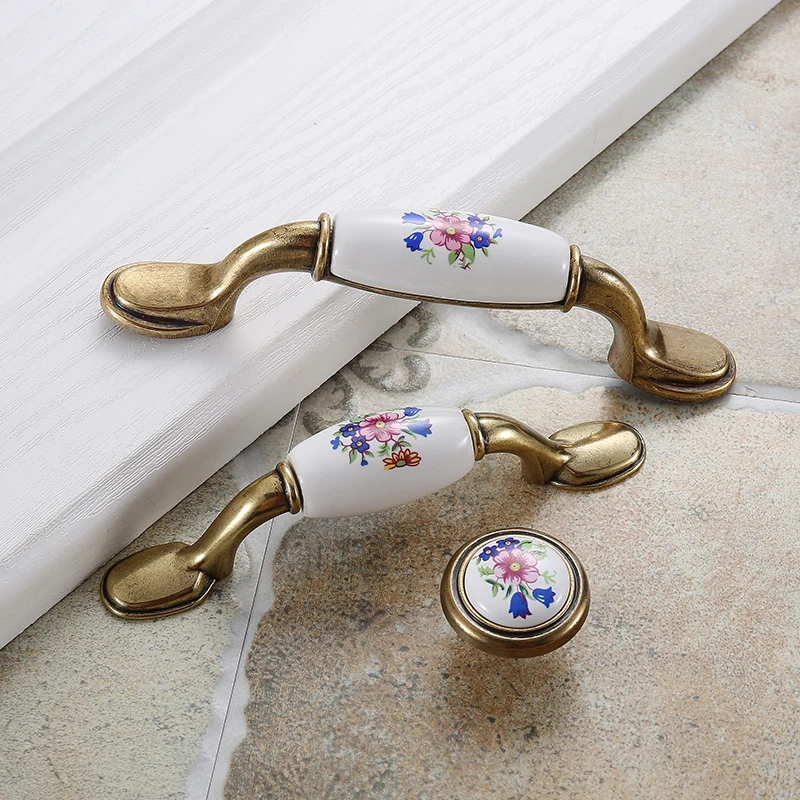 WV Flower Ceramic Kitchen Cabinet Storage Handle Closet Dressers Vintage Cabinet Wardrobe Ceramic Door Knobs Cabinet Handles