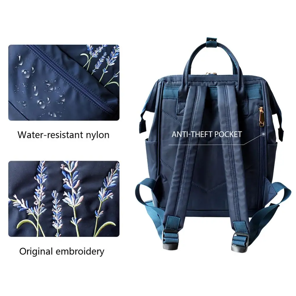 Mochila de nailon con bordado de princesa de flores para mujer, bolso resistente al agua para ordenador portátil, mochila de viaje para la