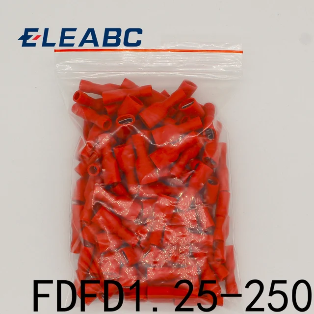 FDFD1-250 FDFD1.25-250 izolacyjne żeńskie izolowane elektryczne złącza zaciskane zaciskane złącze przewodu kablowego 100 sztuk/paczka FDFD