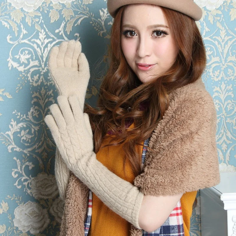 Autumn Winter Women Knitted Wool Gloves Pineapple Jacquard Thickening Warm Arm Warmers Elegant Lady Five Finger Glove T033