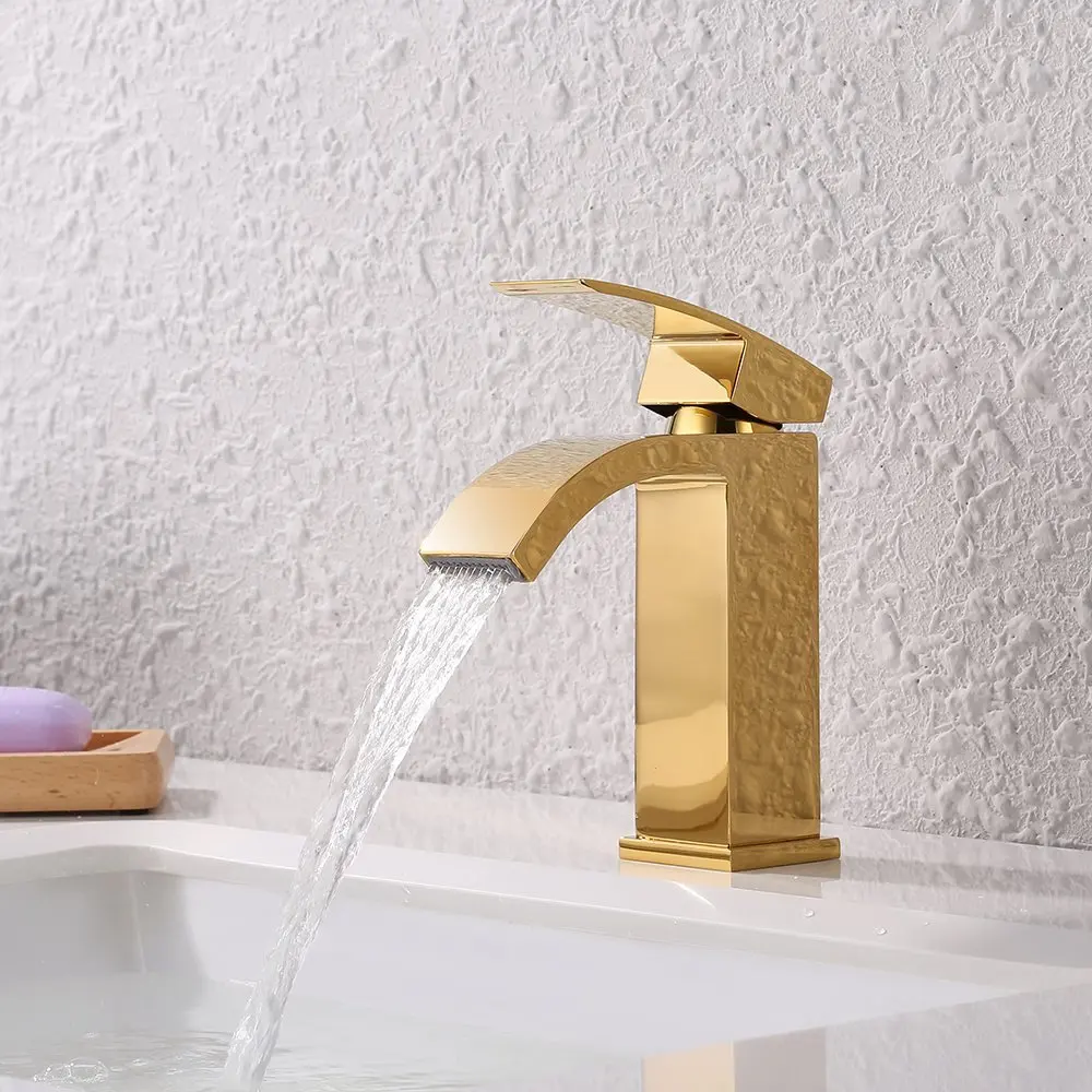 

Titanium Gold solid brass Single Handle Waterfall golden Bathroom Vanity Sink Faucet with Extra Large Rectangular Spout