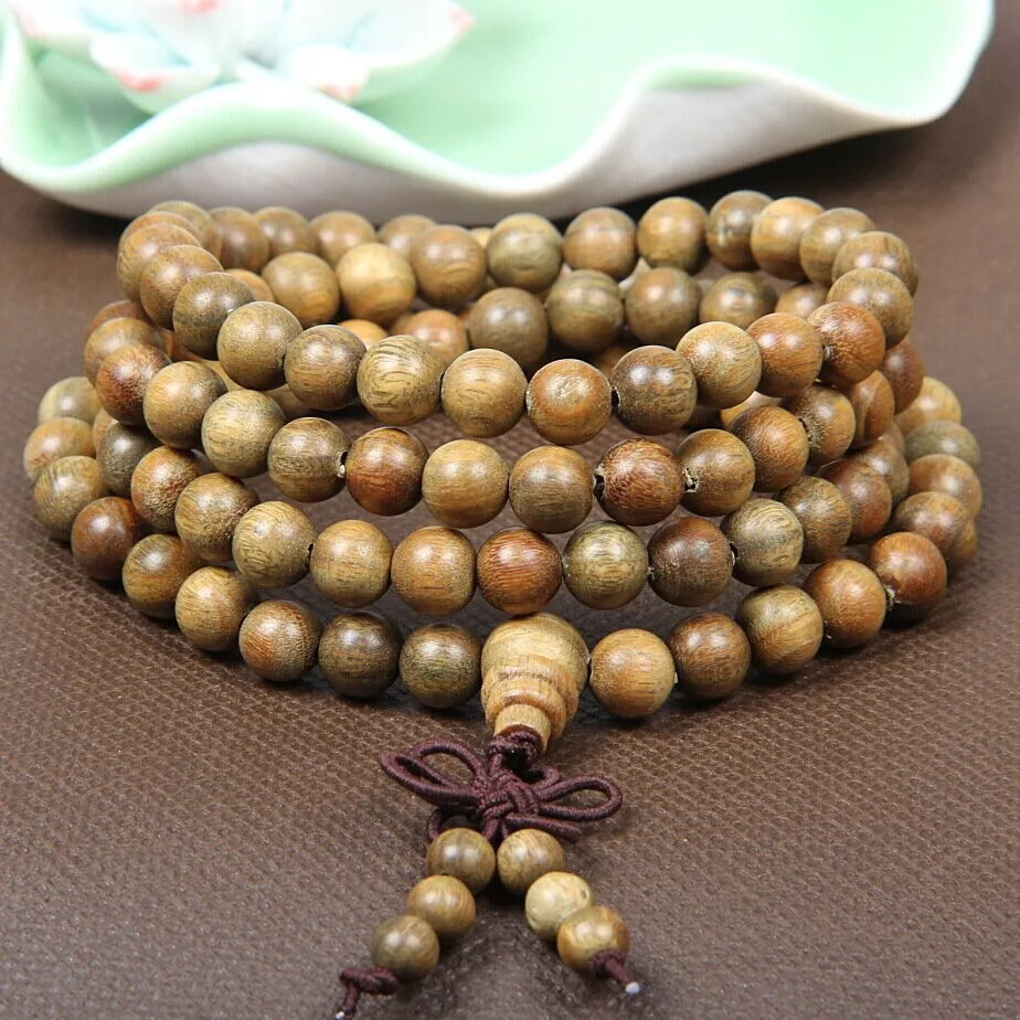 Original Handwork Natural Wood Green Sandalwood Beads Multilayer Bracelets for Women and Men 6mm 108 Buddha Bracelets & Bangle