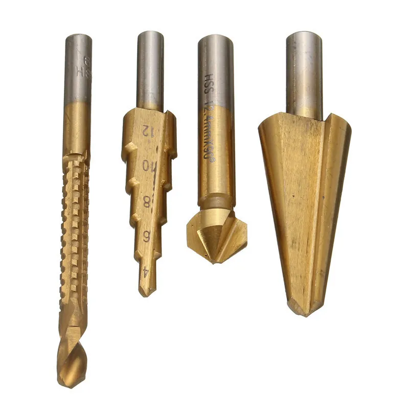 4PCS HSS Titanium Coated Saw Hole Reamer Chamfer Cutter Bit Woodworking Umbrella Drill Bit Step Cone Drilling