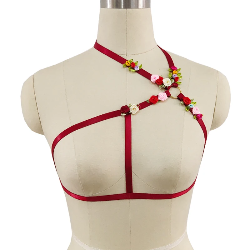 Bride Red Flower wedding Body Harness Sexy Lingerie adjust Bondage Harness Cage Bra Pole Dance Fetish Wear Christmas gifts