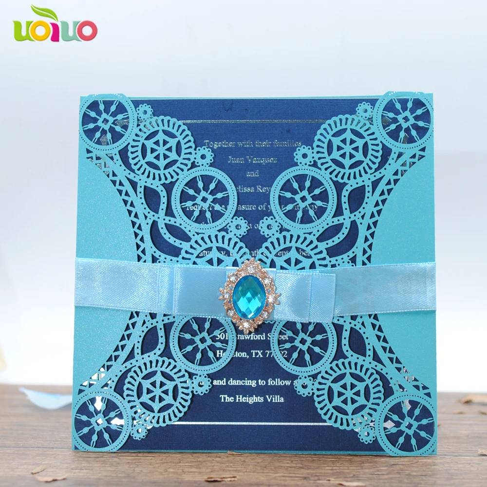 

DIY 25set customize inc265 sky blue laser cut wedding invitation card+ tied bow + brooch rhinestone+printing card+envelope seal