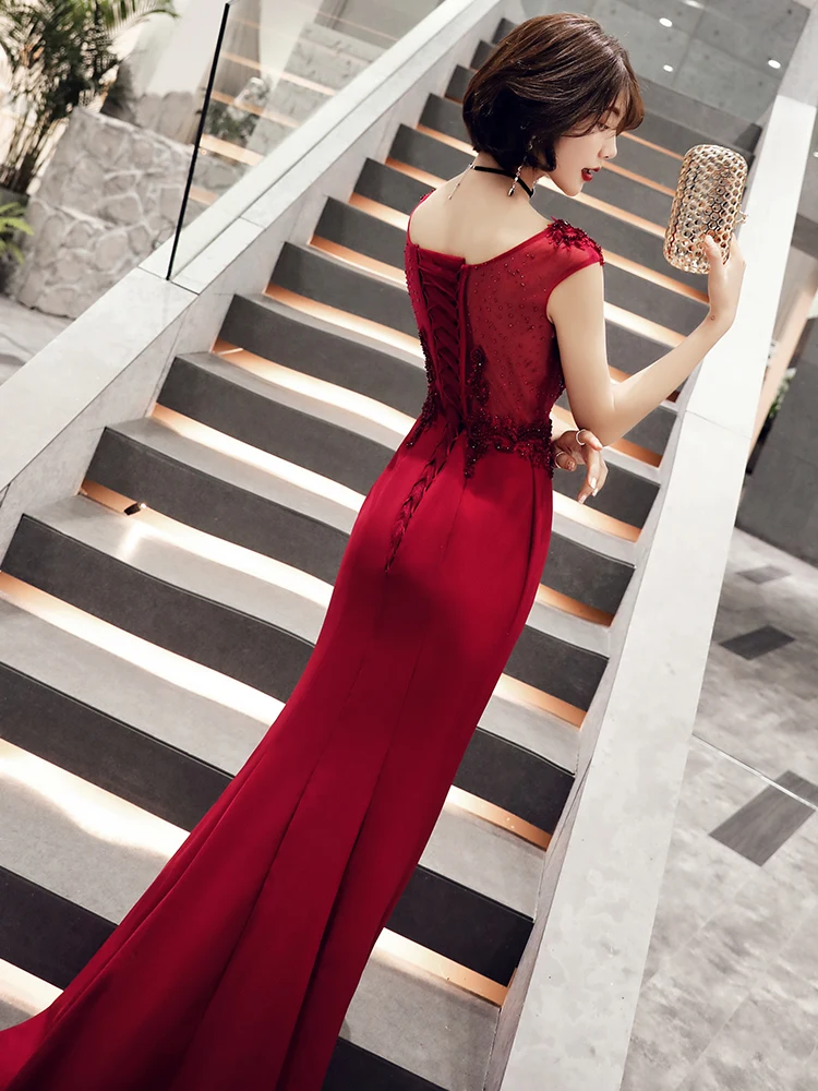 2019 New Mermaid Evening Dress Appliques Beading V-neck Sweep Train Wine Red Prom Party Dress Robe De Soiree Haute Couture