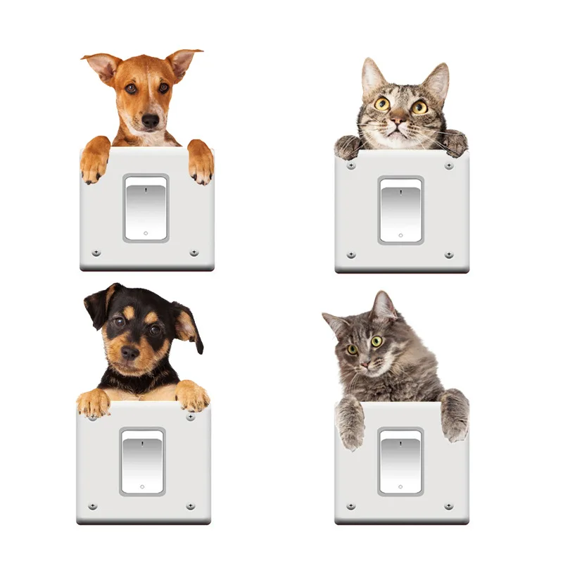 

Very Cute 3D Cat And Dog Switch Stickers PVC Removable Wall Sticker Vinyl For Bedroom Living Room Home Decor Decals Socket Paste