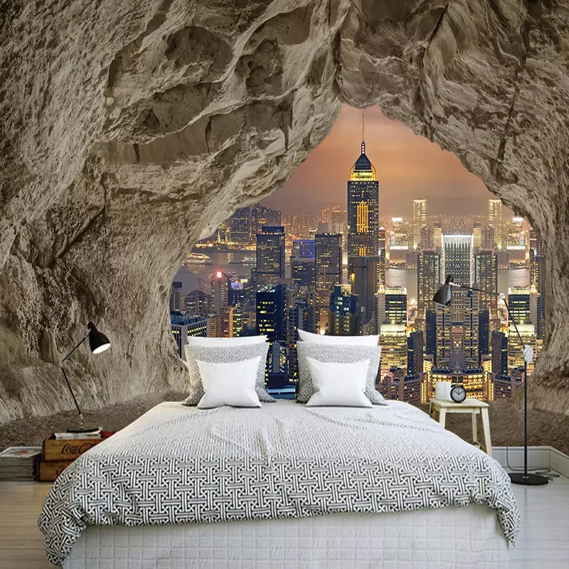 Custom Mural Wallpaper 3D Creative Cave Stone Wall City Night View Photo Poster Living Room Bedroom TV Background 3D Home Decor