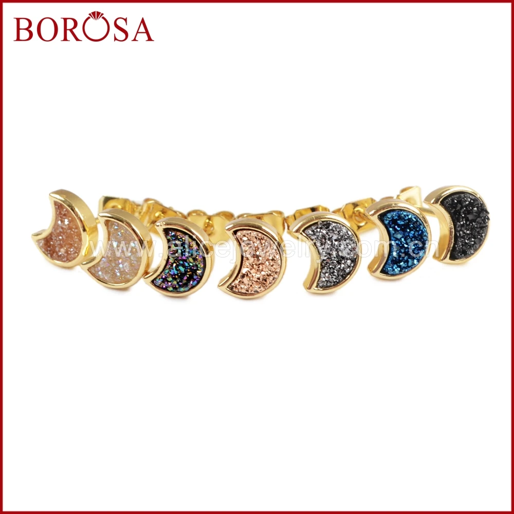 BOROSA 5/10Pairs Gold Color Bezel Moon Shape Rainbow Titanium Druzy Stud Earrings Agates Drusy Earring Jewelry for Women ZG0282