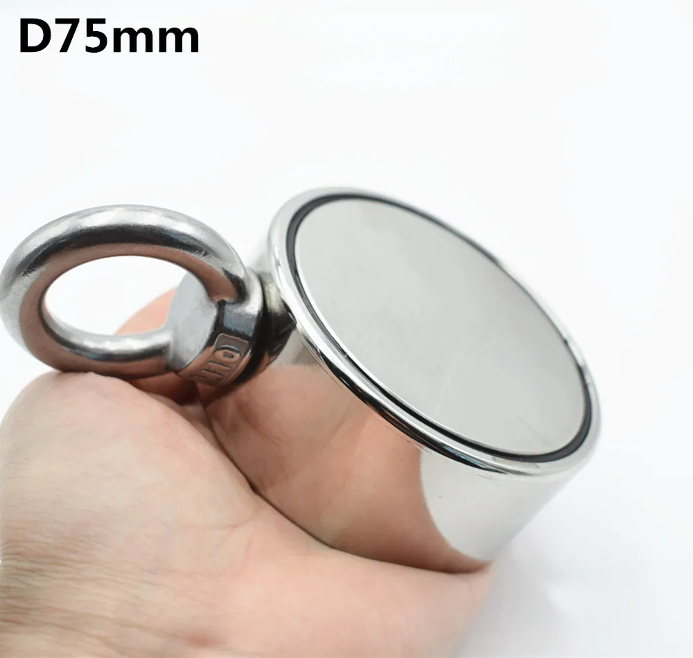 D75mm Neodymium magnet super powerful hole  Double-sided salvage fishing magnet 300kg Circular Ring hook permanent holder Steel