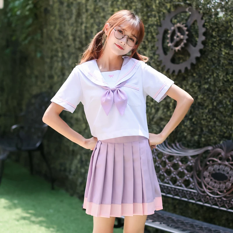 Citron roxo saia plissada Meninas/Mulheres JK uniforme Colégio vento Branco de manga curta Blusa Marinheiro terno Escola Uniformes Roupas