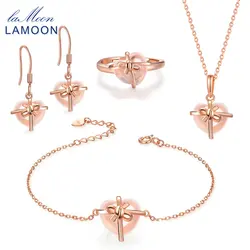 LAMOON Sterling Silver 925 Jewelry Sets Rose Quartz Gemstone 18K Rose Gold Plated Fine Jewelry Gift set For women V028-B-1