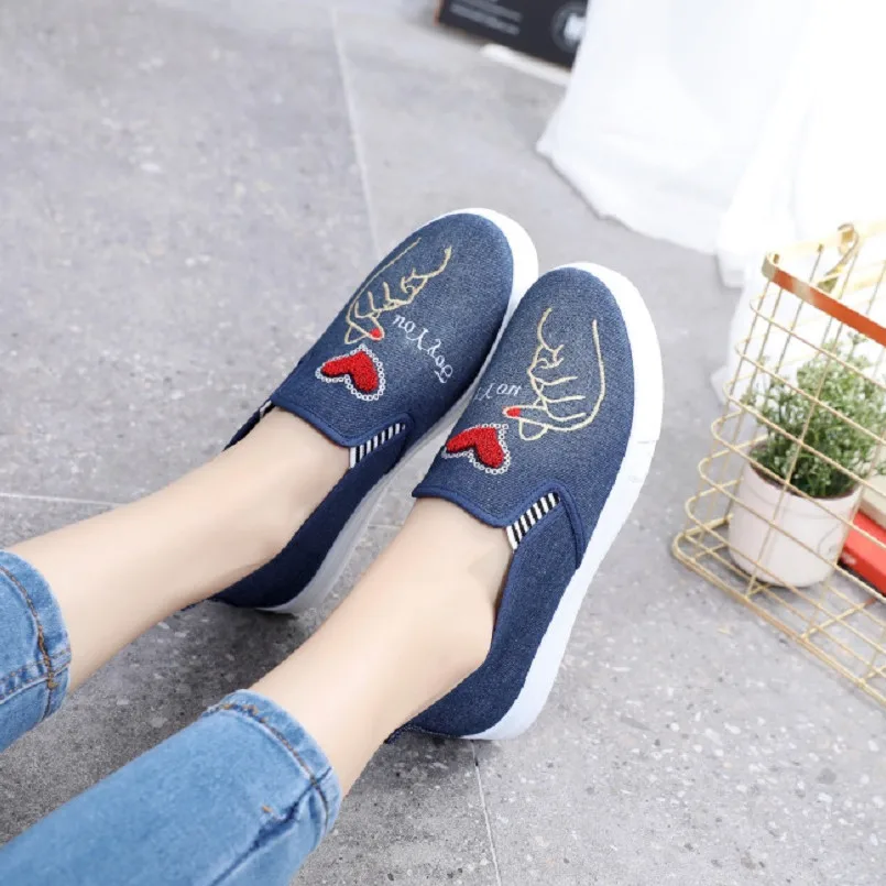 Zapatos De Mujer Women Cute Light Weight Demin Flat Platform Shoes Lady Fashion Sweet Slip on Shoes Teenager Casual Shoes E5286