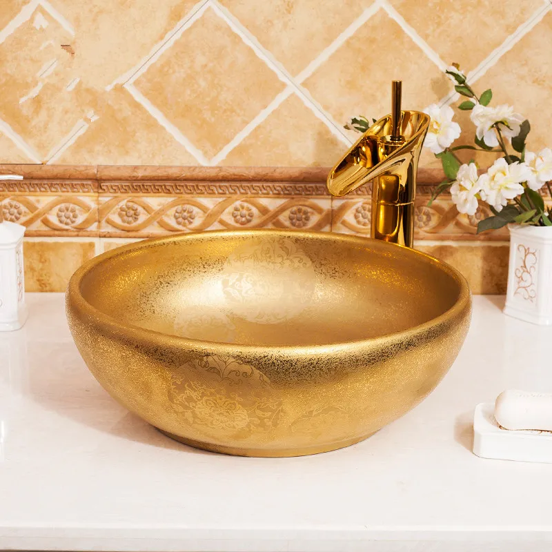 

Gold Washbasin Luxurious Europe style China Handmade Lavabo Washbasin Artistic Bathroom Sink round bowl sink bathroom sinks