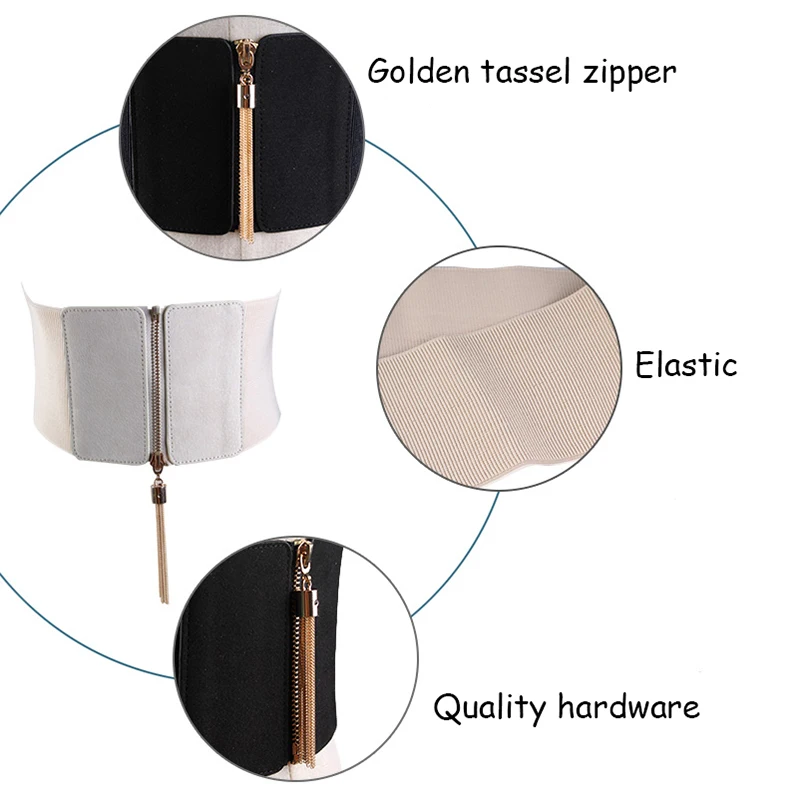 HATCYGGO Women Elastic Cinch Belt Wide Stretch Waist Belt Gold Tassel Zipper Corset Cummerbund Dress Adornment For Women Straps