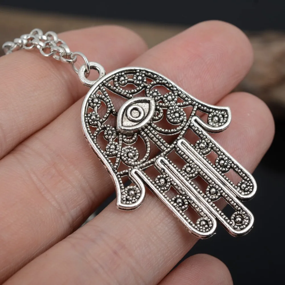 Hamsa Fatima Hand Pendant Charm Silver Color Chain Necklace For Women Collares Bijoux Jewish Judaica Kabbalah