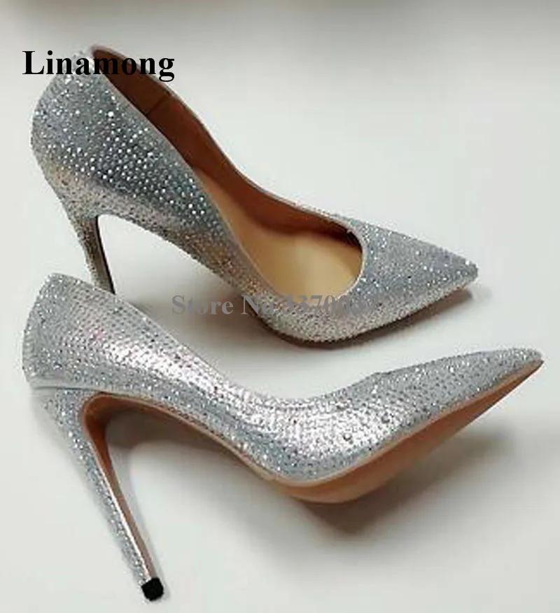 

Top Brand Style Pointed Toe Bling Bling Rhinestone Pumps Slip-on Silver Black Pink Crystal High Heels Wedding Shoes Club Shoes